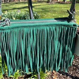 Green fringe B Makowsky cross body suede bag. NWT